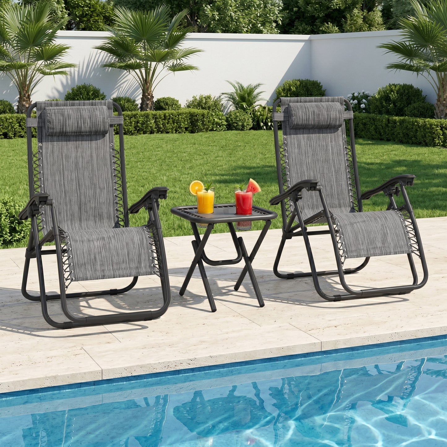 Zero Gravity Chair Set of 2 Patio Chair with Side Table Cupholders and Pillows for Pool, Backyard, Lawn, Blue - Dark Grey