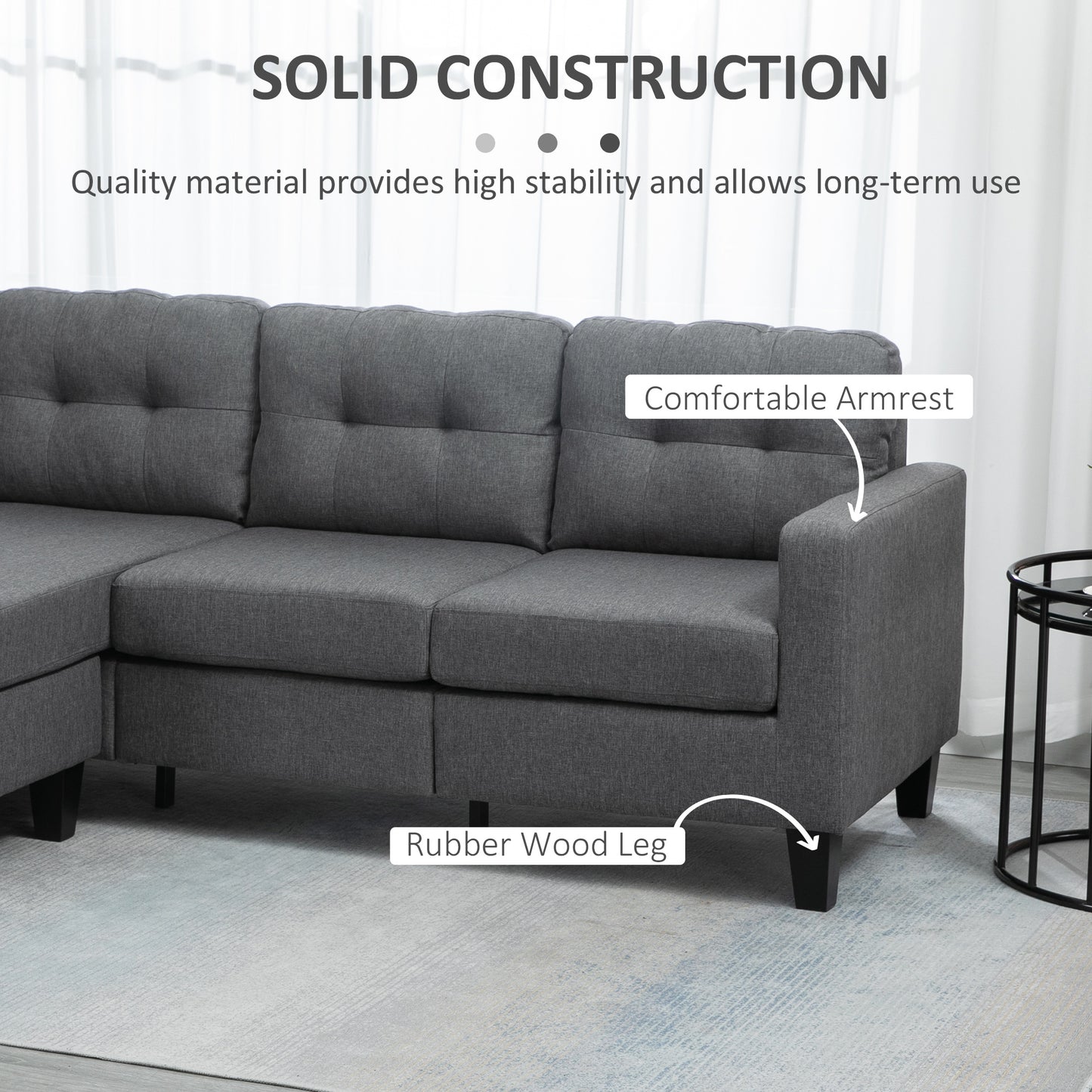 L-shaped Sofa, 3 Seater Couch with Ottoman, Corner Sofa with Thick Padded Cushion and Wood Legs, Dark Grey