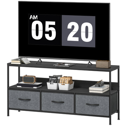 TV Stand with Charging Station and 3 Linen Drawers - Black