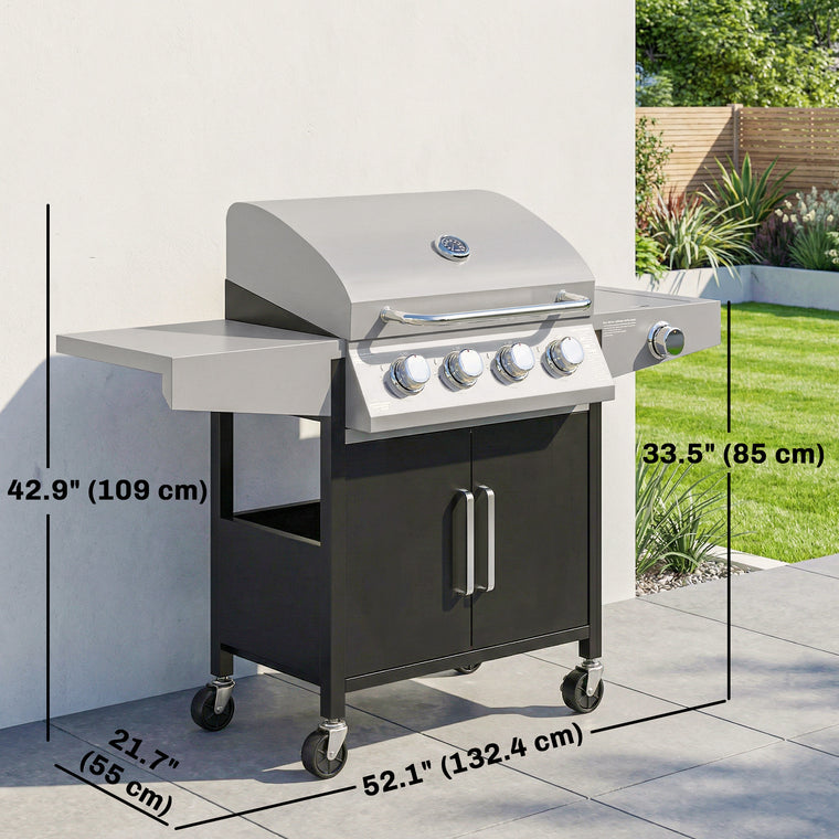 4+1 Burner Propane Gas Grill with Side Burner & Shelf