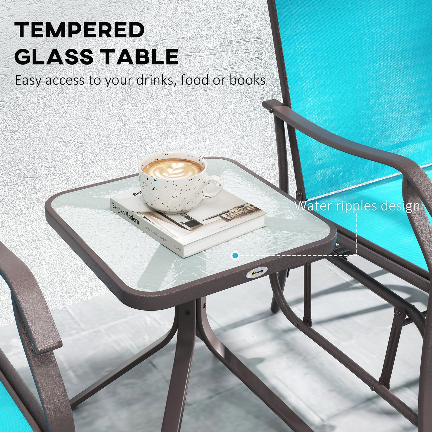 3 Piece Patio Glider Set Outdoor Gliders with Breathable Mesh Seat, Glass Top Table for Garden, Yard, Blue