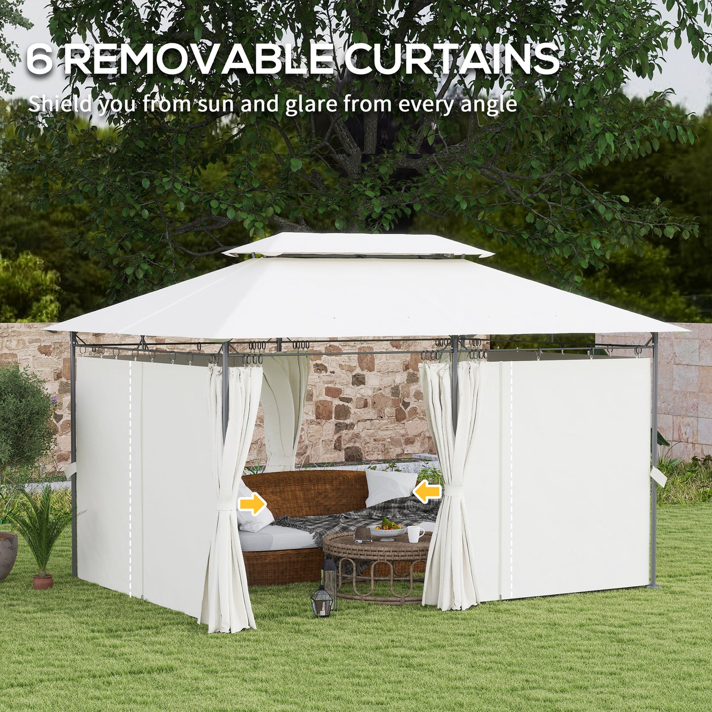 10' x 13' Double Roof Patio Gazebo, Outdoor Gazebo with Curtains, for Garden, Lawn, Backyard and Deck, Cream White