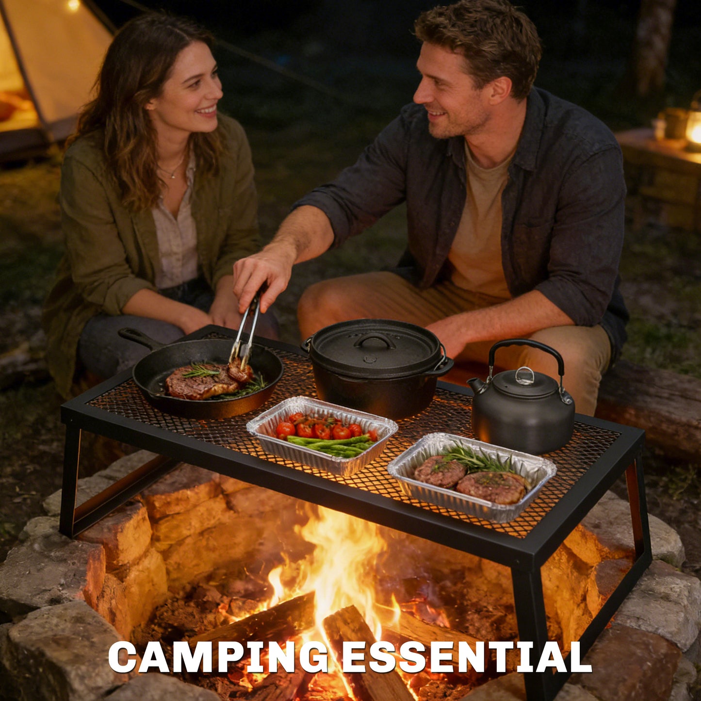 Folding Campfire Grill, 36" x 18" Heavy Duty Carbon Steel Grill Grate with Folding Legs, Black