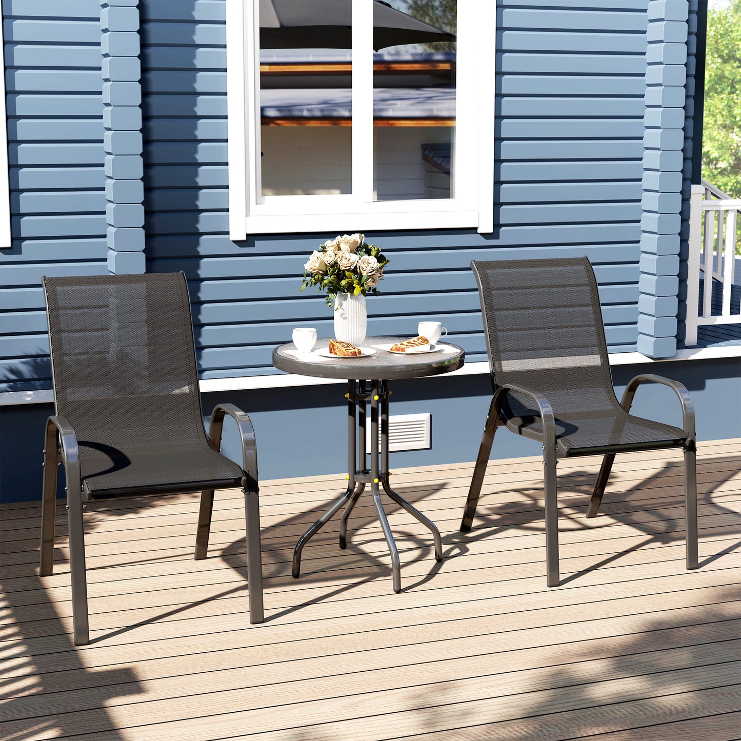 3 Pieces Bistro Set, Small Patio Furniture Set with Stackable Mesh Chairs, Glass Table for Garden, Light Mixed Brown