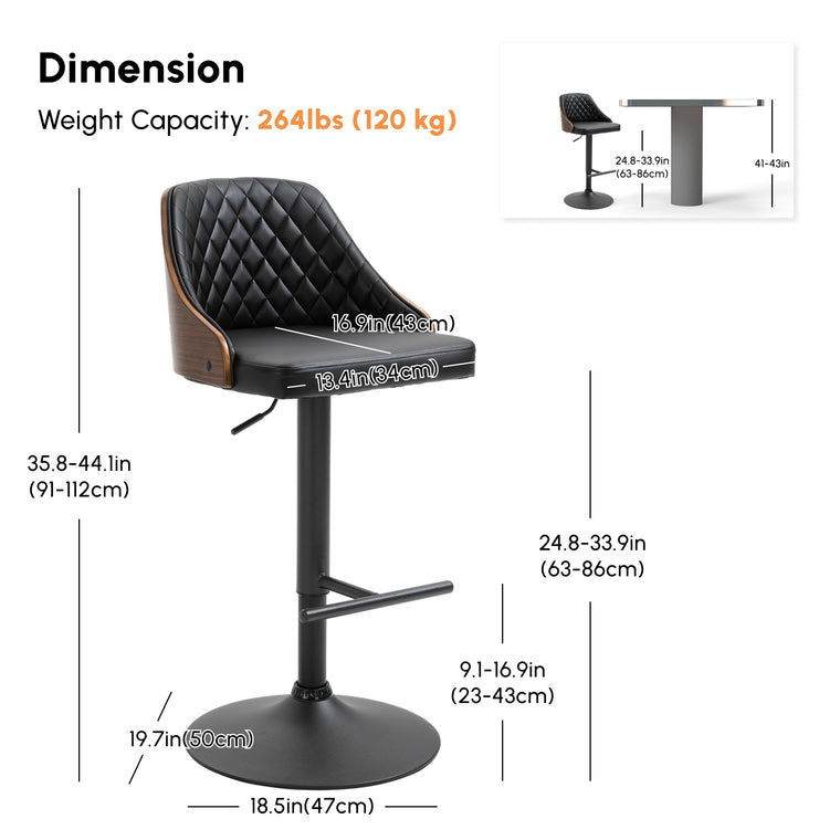 Set of 2 Swivel Adjustable Bar Stools - Black