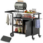 Outdoor BBQ Stand with Foldable Side Table, Stainless Steel Top, Pizza Oven Table with Wheels Hooks Shelves