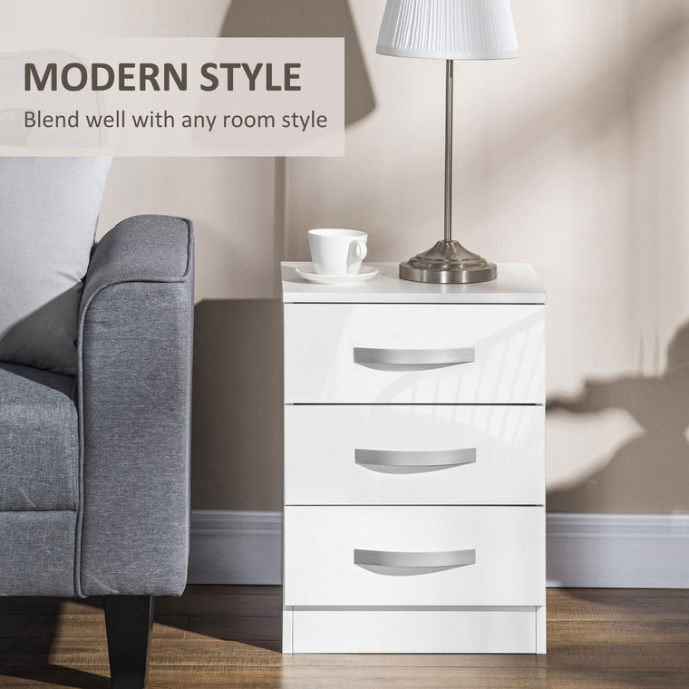 High Gloss Nightstands Set of 2 with 3 Drawers - White