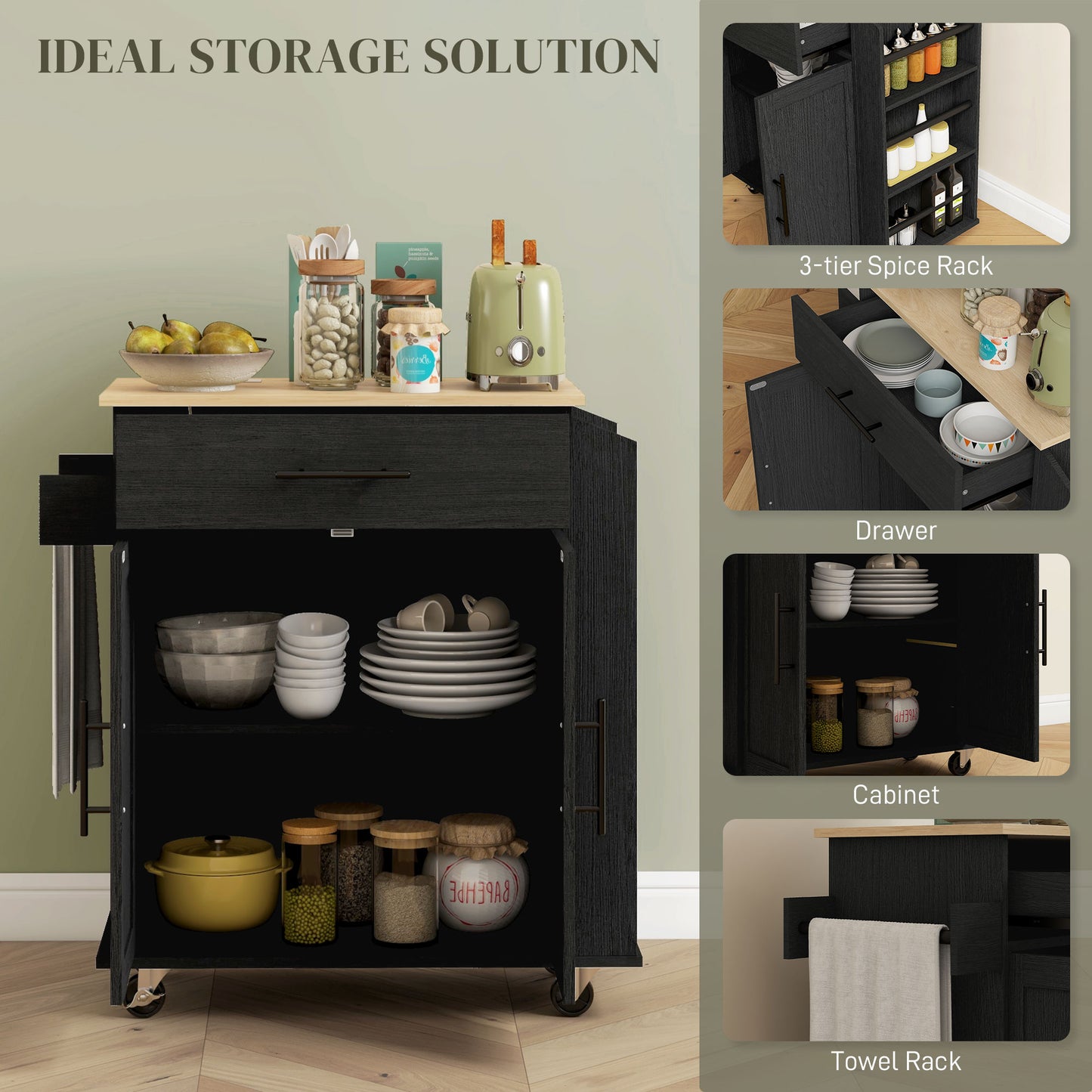 Rolling Island with Wheels for Kitchen, Kitchen Island on Rollers with Power Outlets, Drawer and Doors