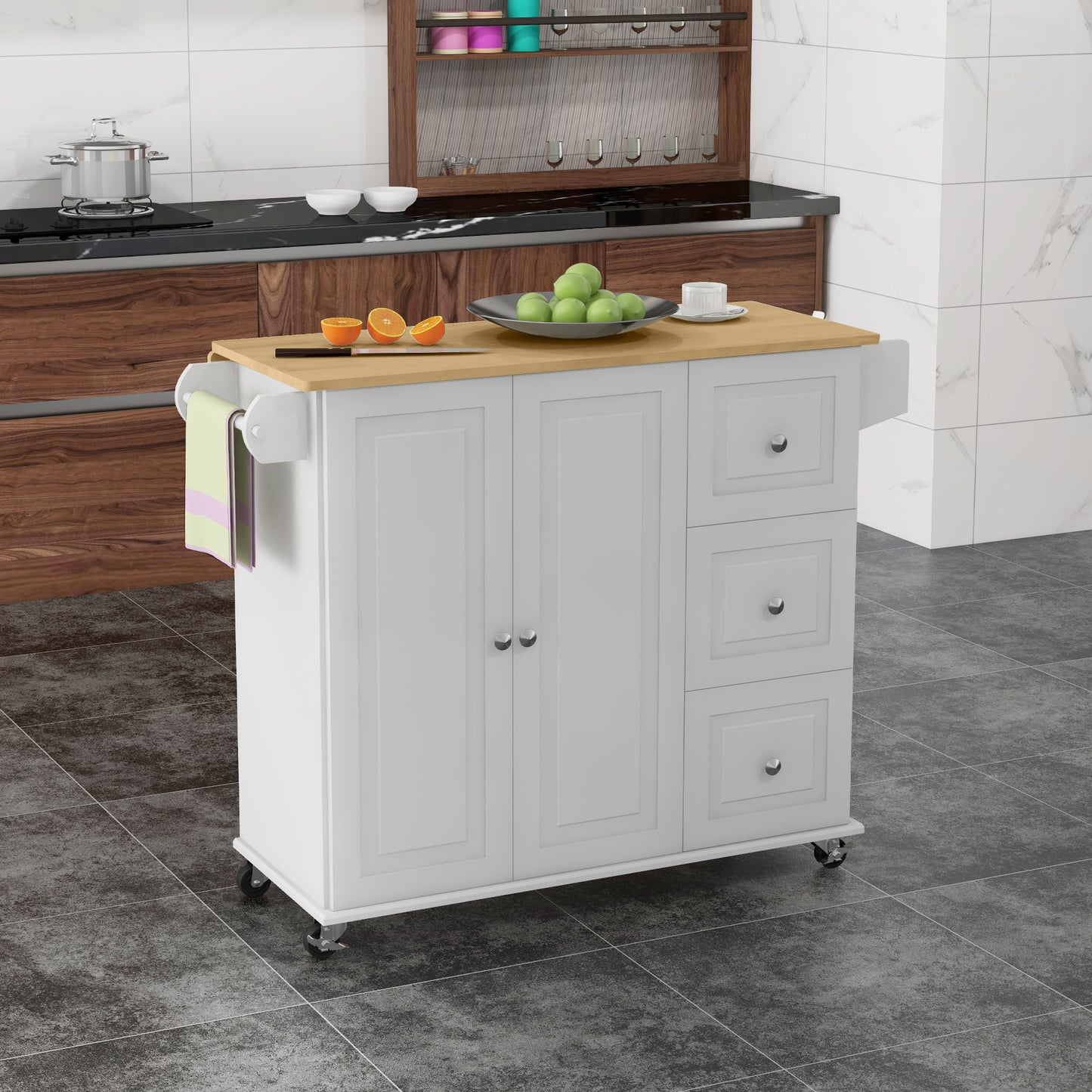 Kitchen Island on Wheels, Kitchen Cart with Drop Leaf, Drawers, White