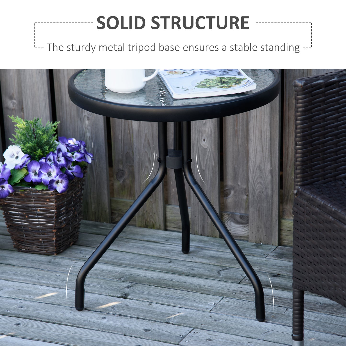 20" Round Outdoor End Table, Patio Side Table with Tempered Glass Top for Garden, Balcony, Poolside, Black