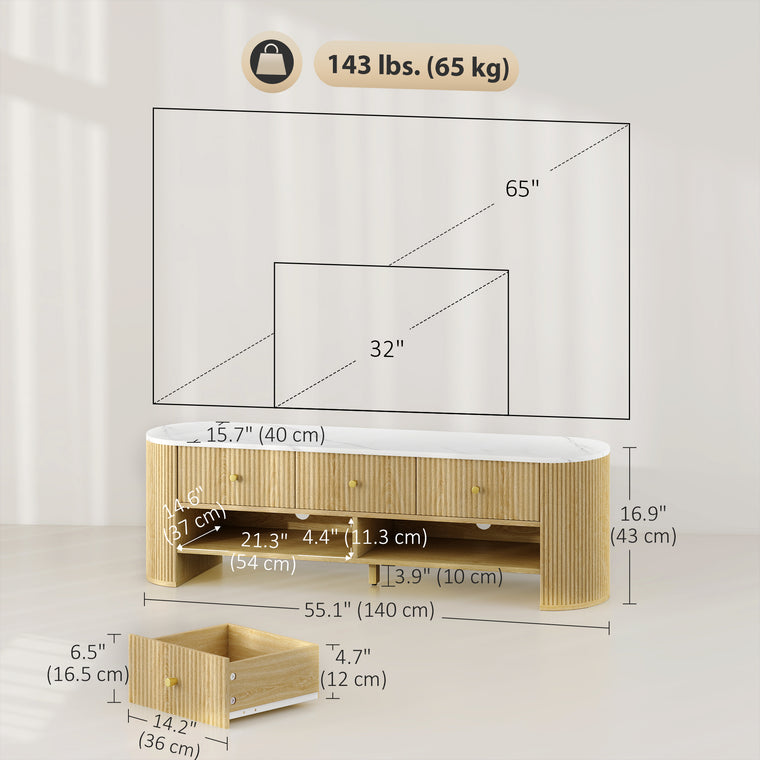 Marble-Effect TV Stand with 3 Drawers, Up to 65"