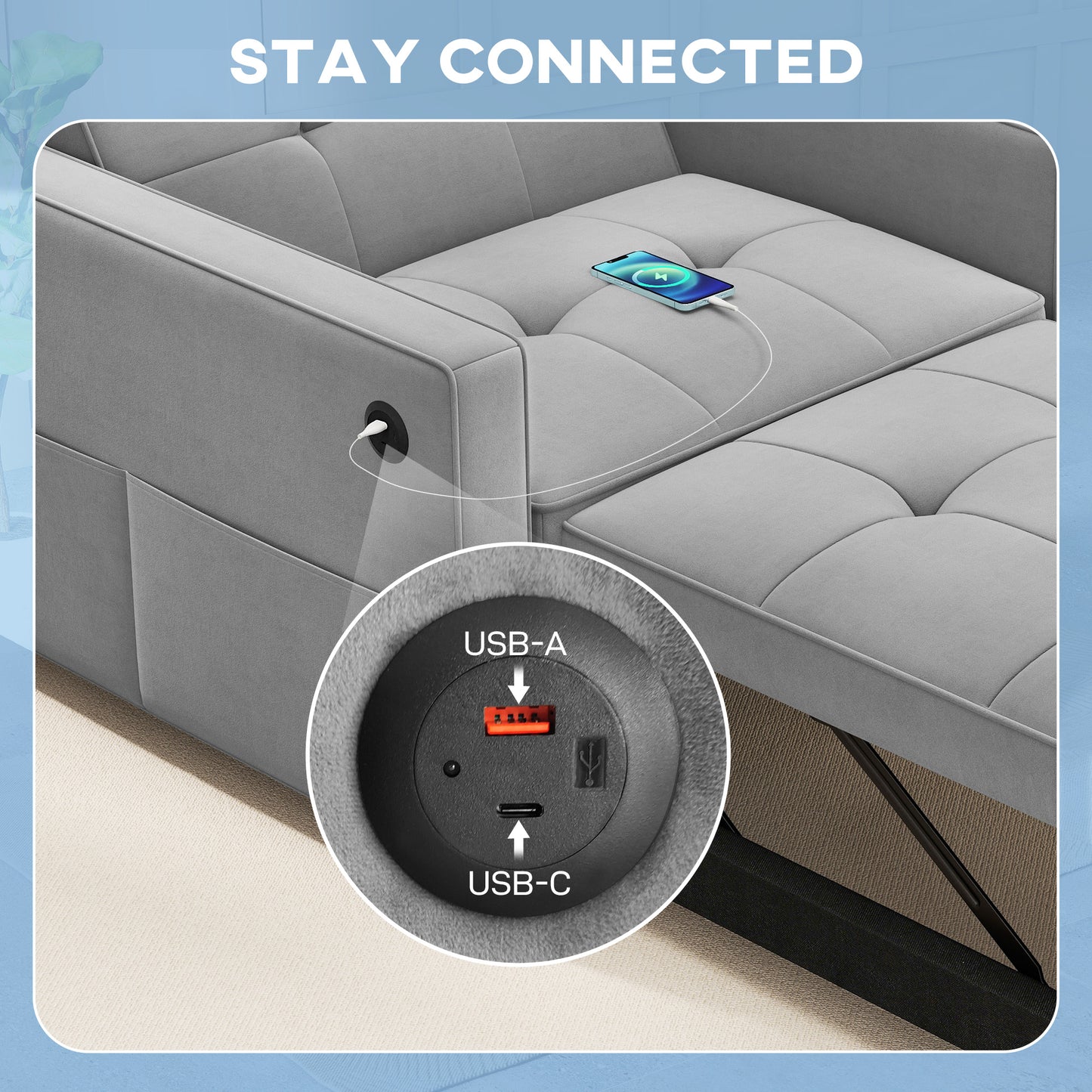 Convertible Chair Bed, Pull Out Sleeper Chair with USB, Adjustable Backrest, Small Velvet Futon Sofa Bed, Grey