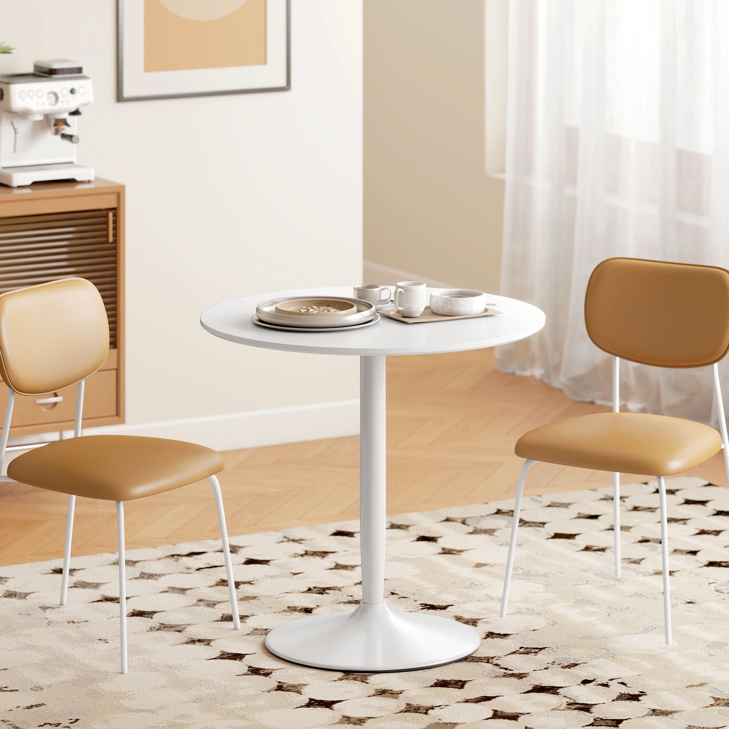 Modern Kitchen Table for 2 People, Round Dining Table with Steel Base for Living Room, Dining Room, White