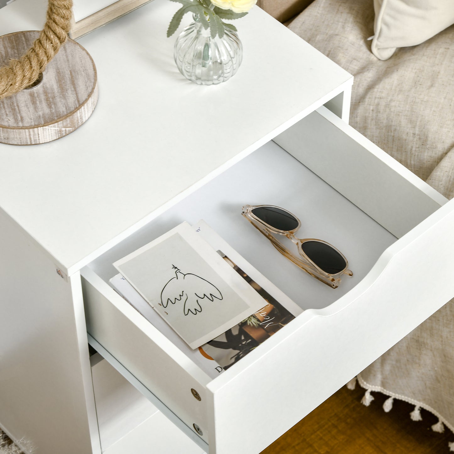 Bedside Table, Modern Nightstand with 3 Drawers, Side End Table with Wood Legs for Living Room, Bedroom, White