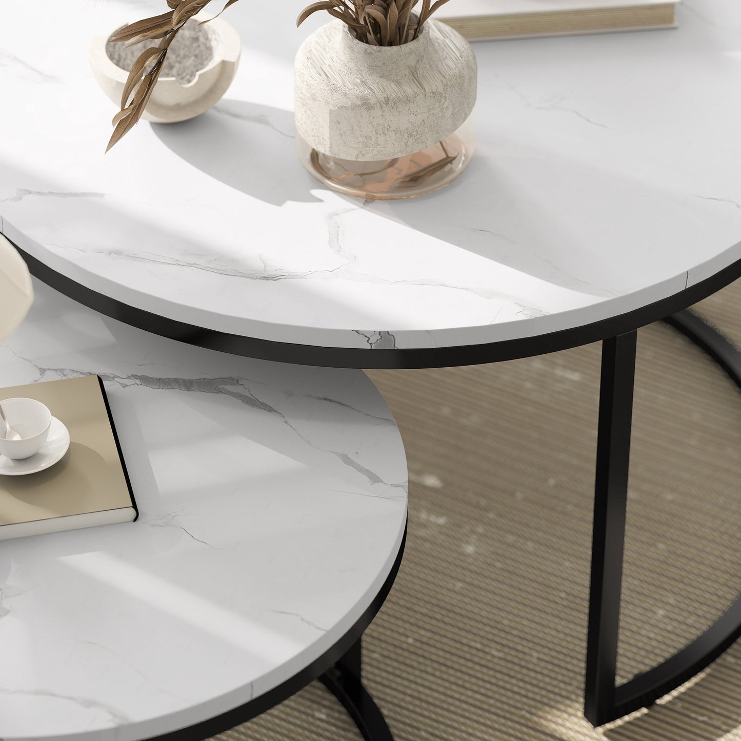 Modern Coffee Table Set of 2, Nesting Side Tables w/ Metal Base for Living Room Bedroom Office Faux Marbled White