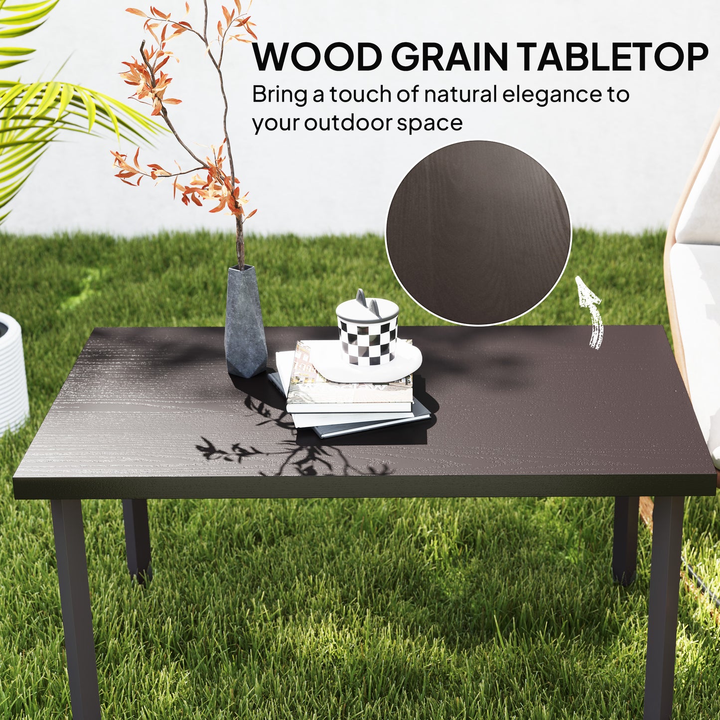 Metal Outdoor Side Table, Rectangle Patio Coffee Table with Woodgrain Tabletop for Outside Garden, Brown