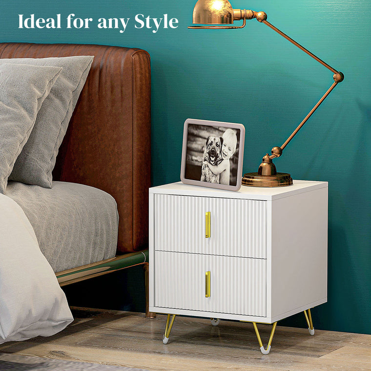 Nightstand with 2 Drawers and Metal Legs - White