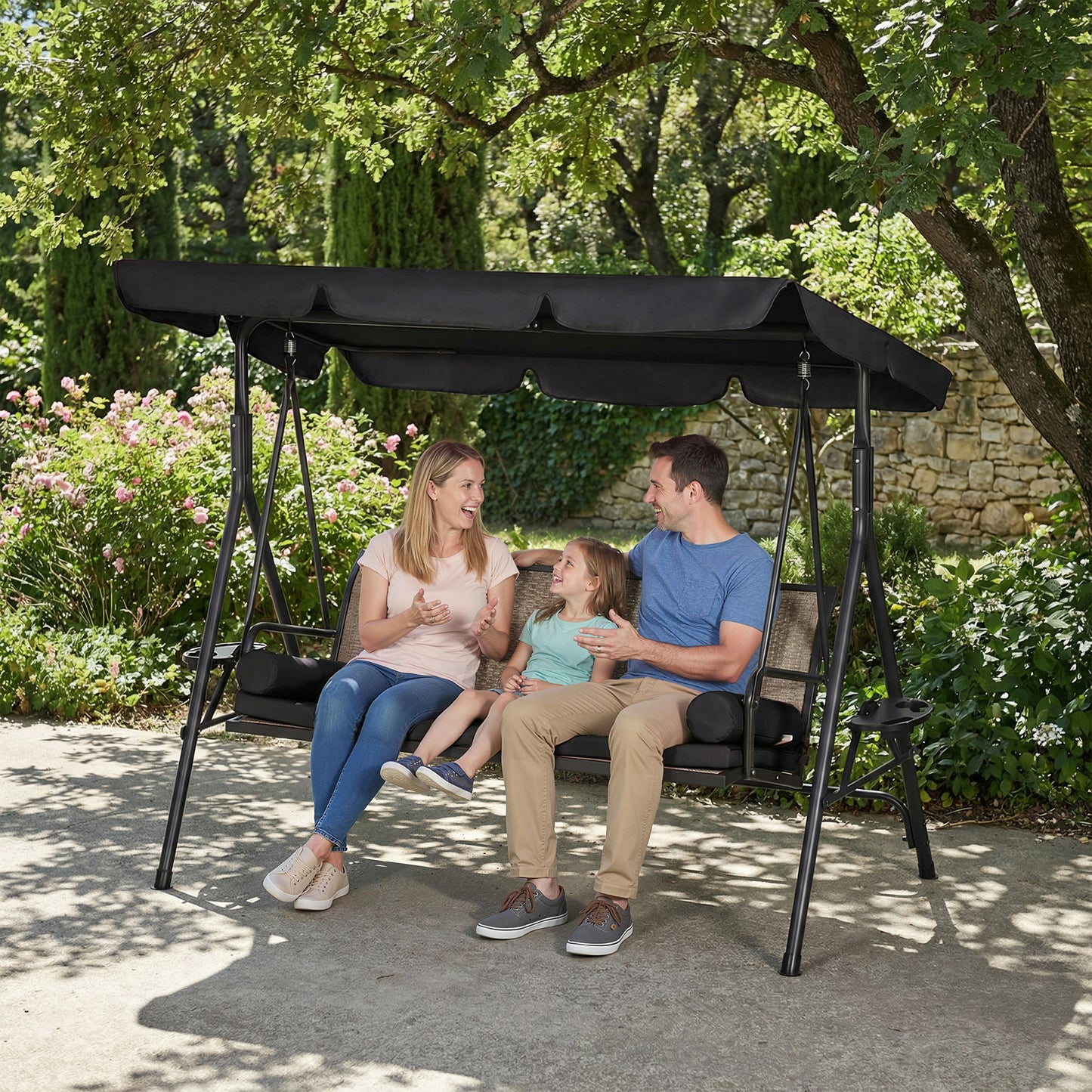 Outdoor 3-Seat Porch Swing with Canopy, Rattan Seat, Removable Cushion, Pillows and Steel Frame