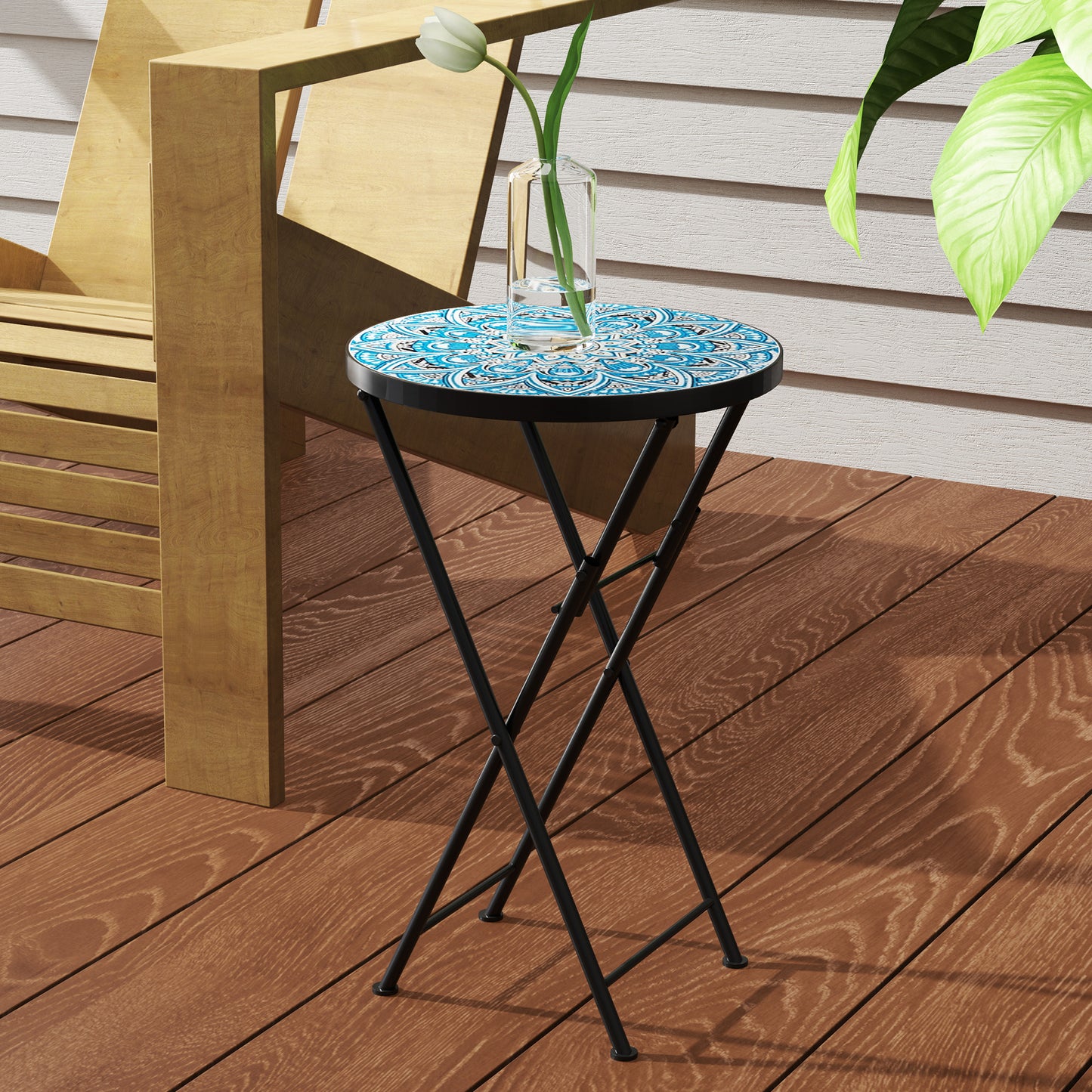 Mosaic Outdoor Patio Side Table, 14" Round Folding Outdoor Coffee Table with Steel Frame for Balcony Deck Patio Terrace, Mixed Colour