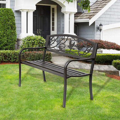 50" Garden Bench Outdoor Loveseat with Vintage Bird Pattern Cast Metal - Brown
