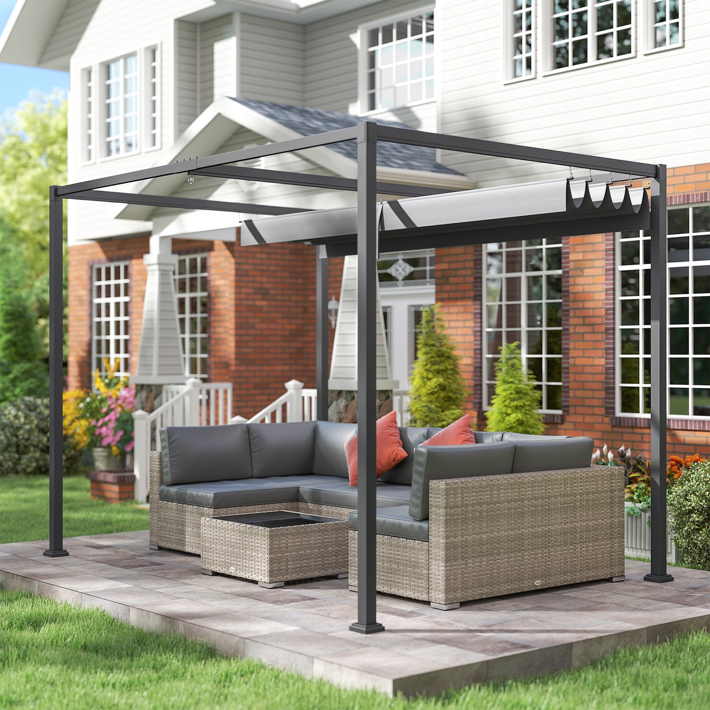 10x7ft Pergola with Retractable Roof Outdoor Patio Sun Shelter Garden Grape Tent Water-resistant Yard Shade Grey
