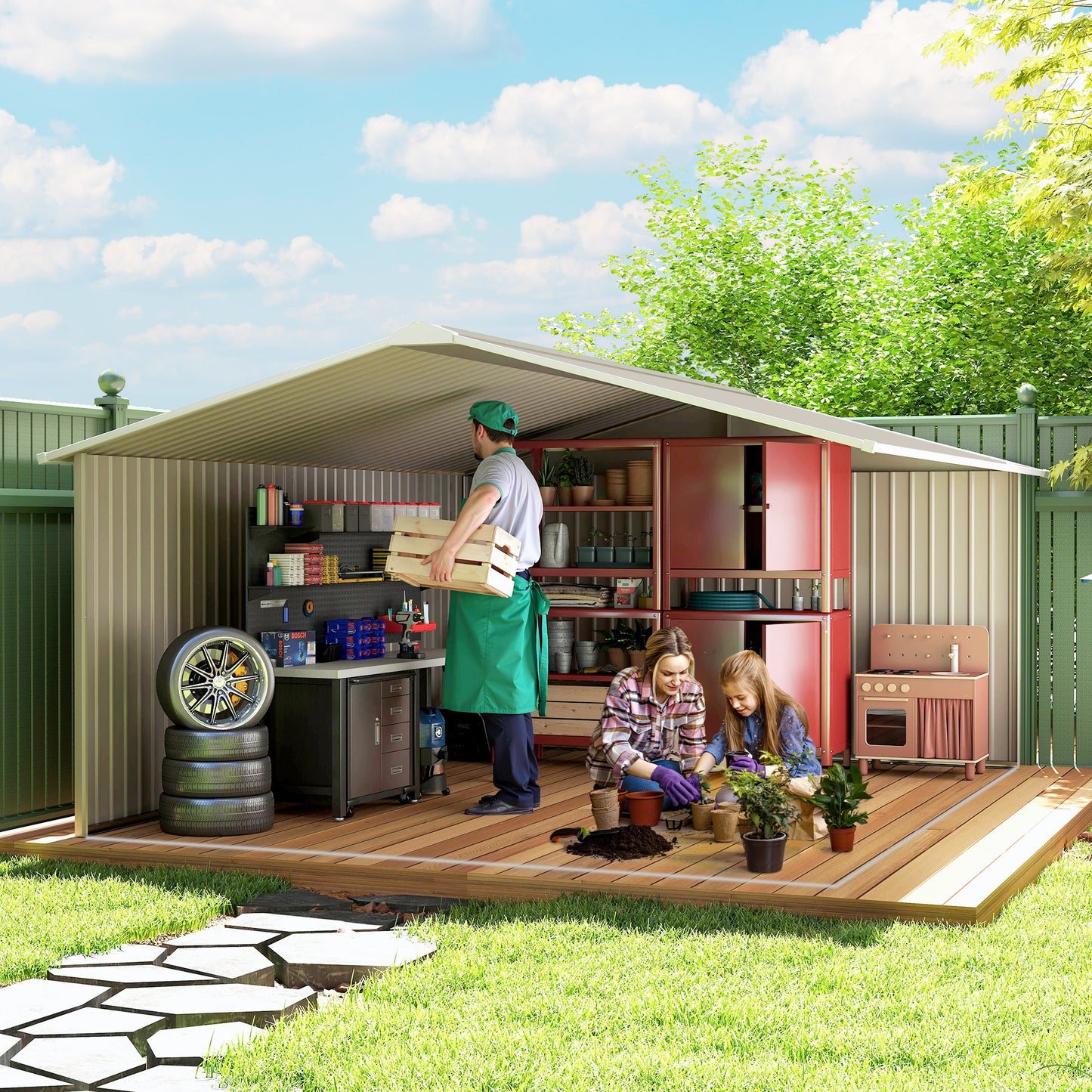 11' x 13' Practical Backyard Garden Storage Tool Shed Double Sliding Door 4 Ventilation Slots, Light Grey