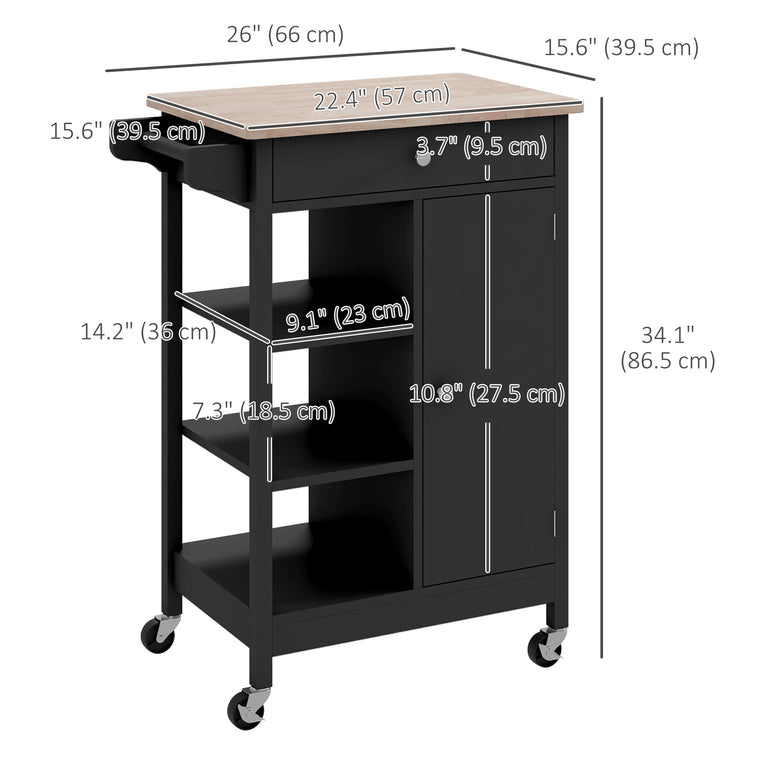 Rolling Kitchen Island Cart with Wood Top - Black