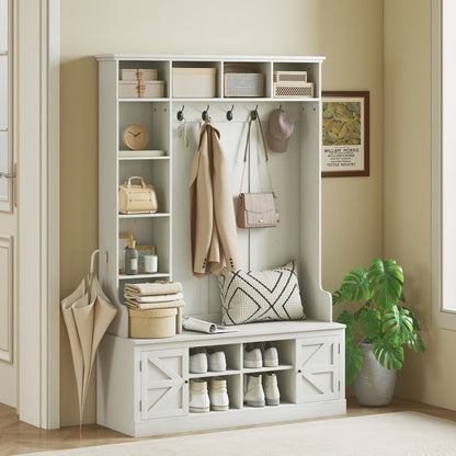 Hall Tree Storage Bench with Coat Rack - White Wood Grain
