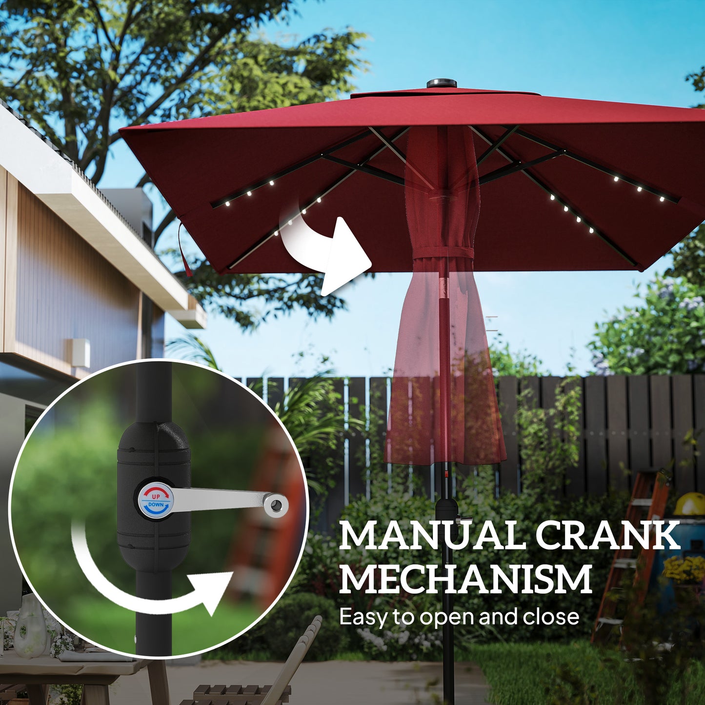 6' x 10' Patio Umbrella with 22 LED Solar Lights and Tilt, Rectangular Outdoor Table Umbrella with Crank, Wine Red