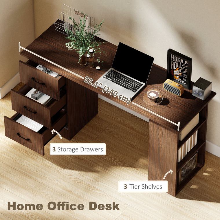 55" Computer Desk with 3-Tier Shelves - Walnut