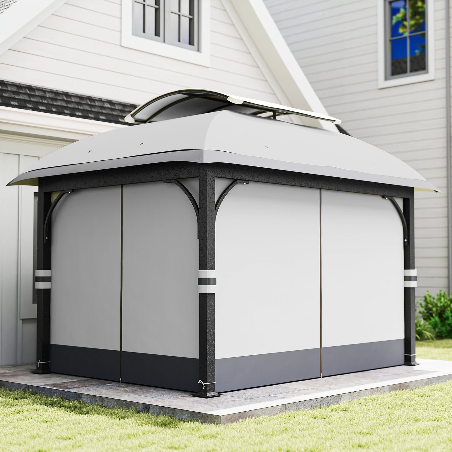 11' x 13' Patio Gazebo, Double Roof Outdoor Gazebo Canopy with Netting & Curtains, Galvanized Metal Frame, Light Grey