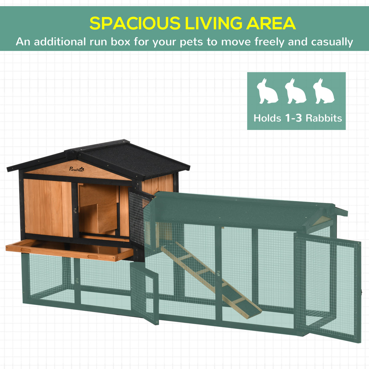 69" Black Wooden Rabbit Hutch with Run & Ramp