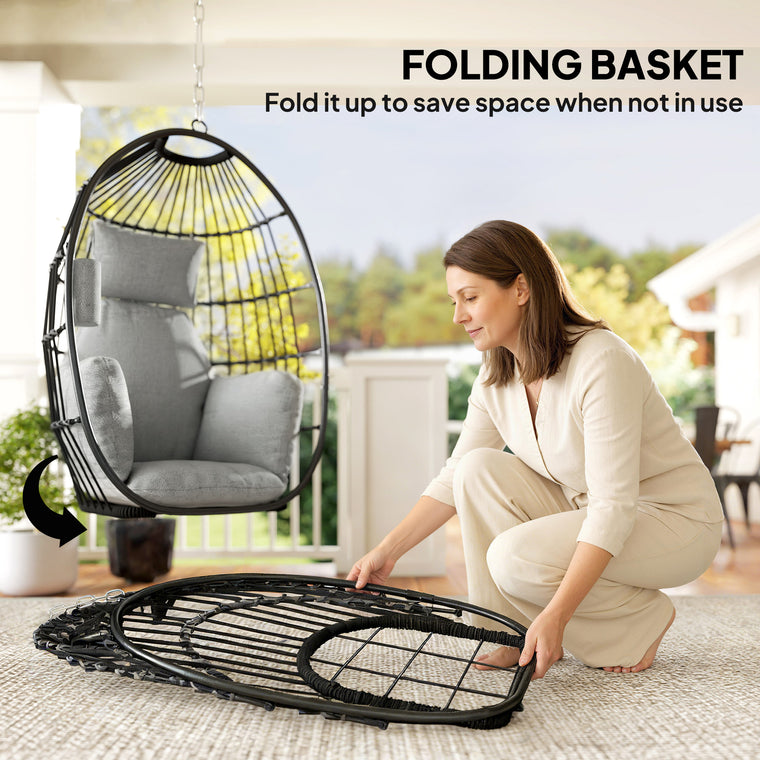 Foldable Basket Egg Chair with Pillow and Cup Holder