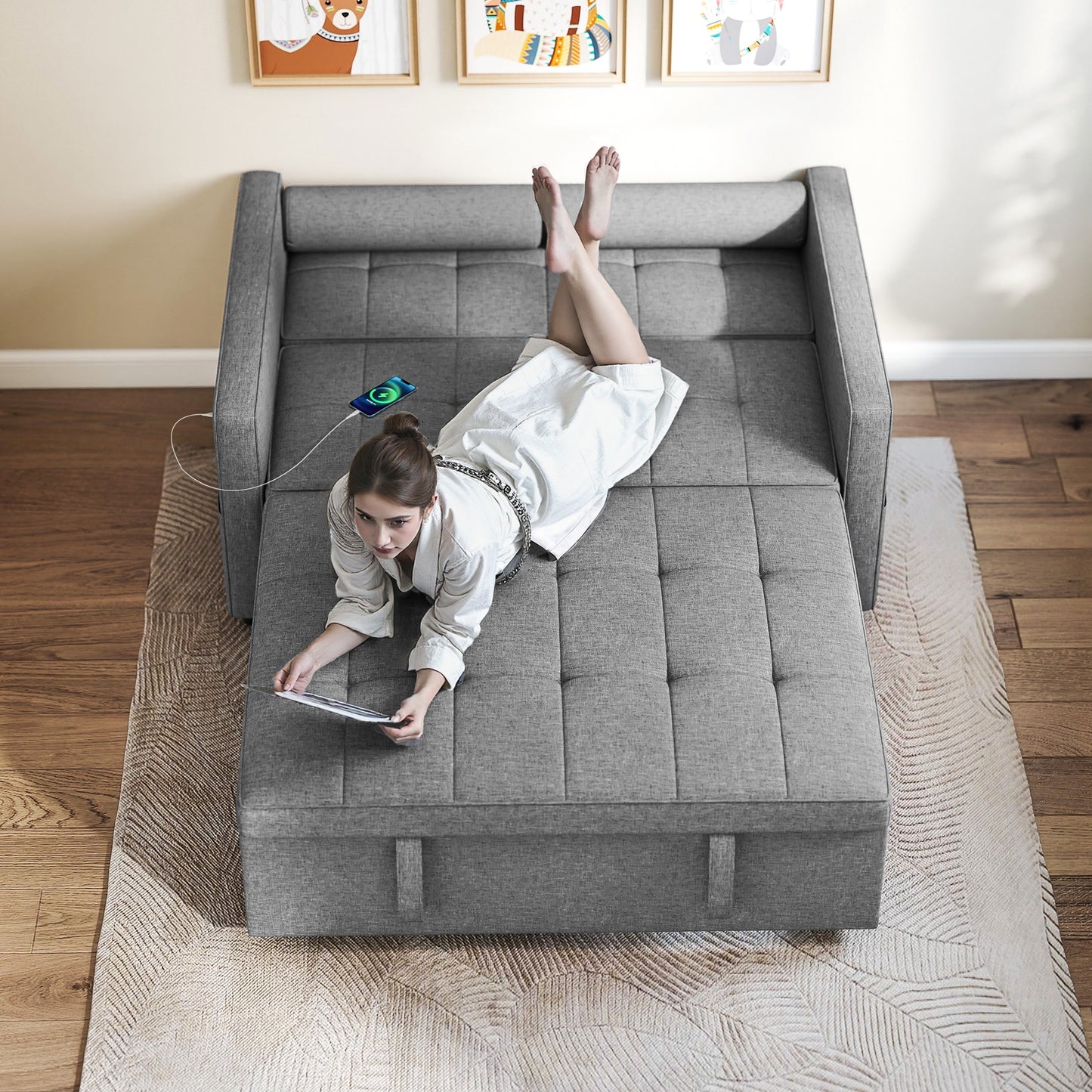 Pull Out Sofa Bed, Sleeper Sofa Couch with USB Ports, Small Linen Loveseat Futon Couch for Living Room, Grey
