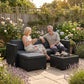 5 Piece Patio Furniture Set, L-Shape Wicker Outdoor Sectional with 3 Chairs, Ottoman, Glass Table, Cushions, Grey