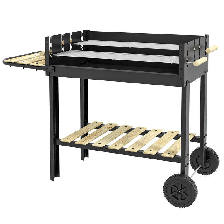 Black Charcoal Grill Trolley with Side Table & Storage Shelf
