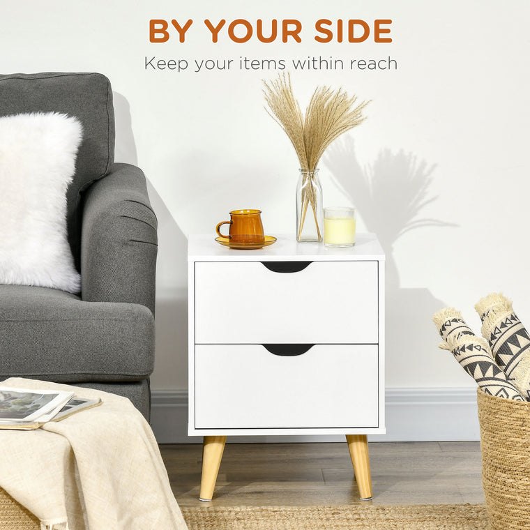 Nightstand with 2 Drawers and Wood Legs - White