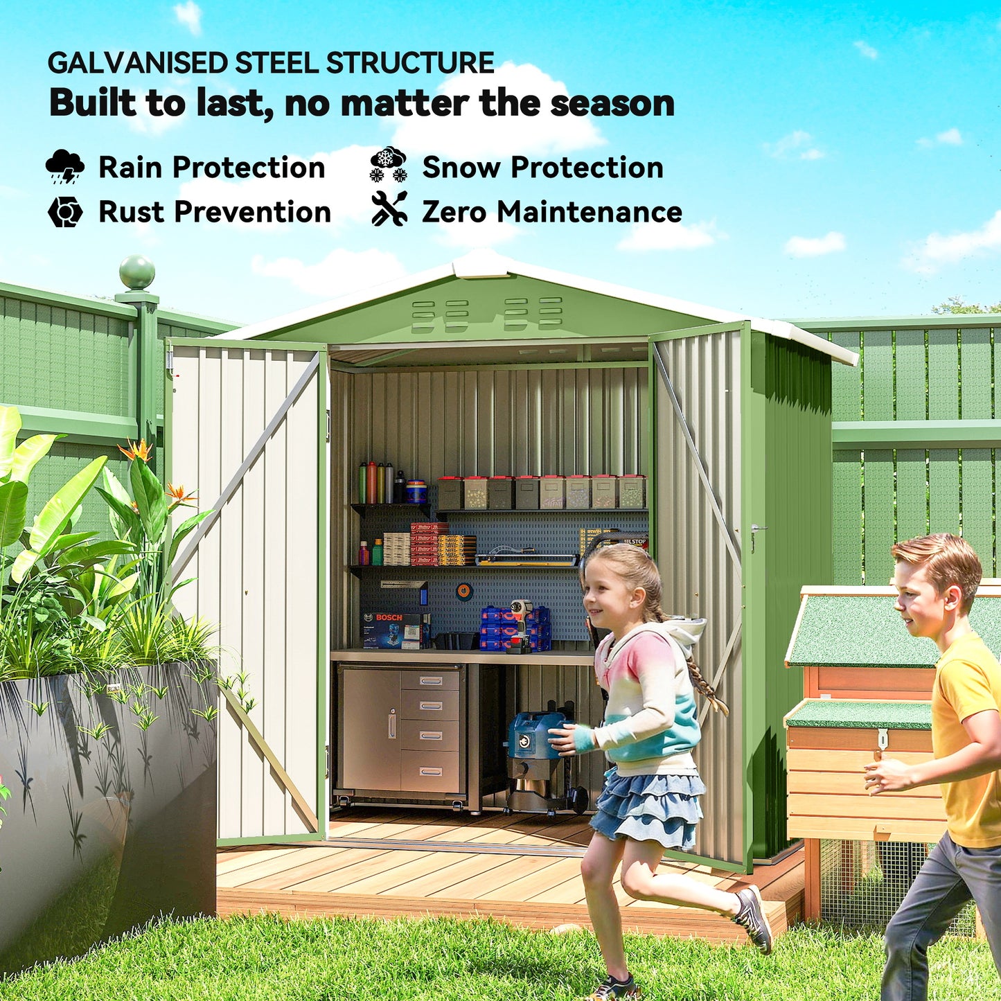 6.5' x 4' Outdoor Storage Shed, Metal Garden Shed with Lockable Double Doors, 4 Vents, Light Green