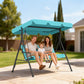 3-Seater Outdoor Porch Swing with Adjustable Canopy, Patio Swing Chair for Garden, Poolside, Backyard, Grey and White - Light Blue