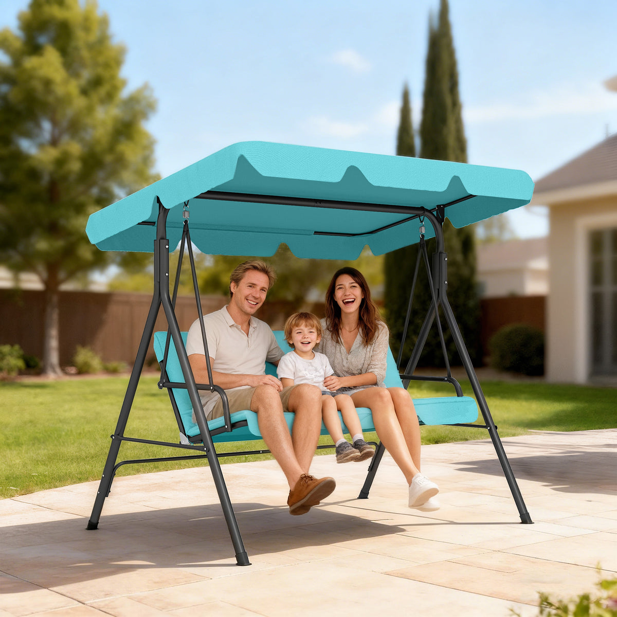 3-Seater Outdoor Porch Swing with Adjustable Canopy, Patio Swing Chair for Garden, Poolside, Backyard, Grey and White - Light Blue