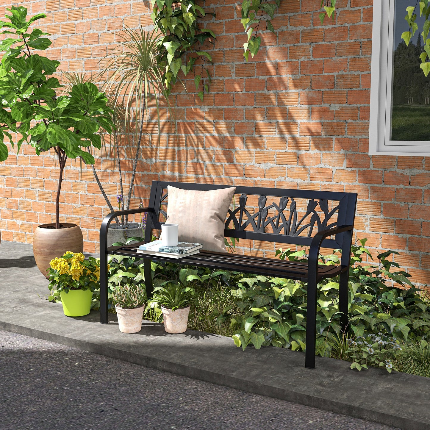 49" Metal Outdoor Bench Patio Bench with Curved Arms and Slatted Seat for Patio, Backyard, Lawn