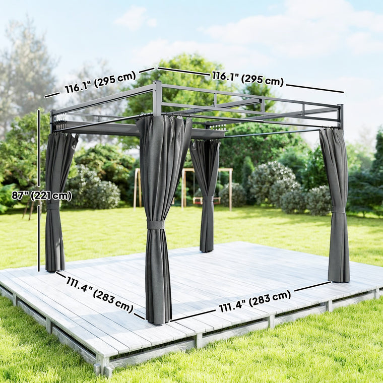 10' x 10' Dark Grey Retractable Pergola with Curtains