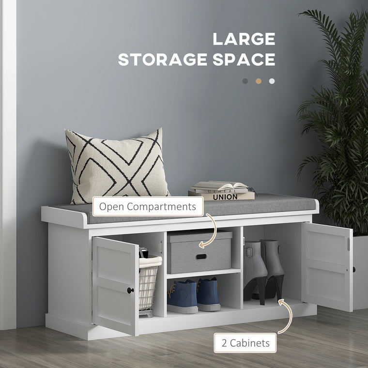 Shoe Storage Bench with Cushioned Seat & 2 Cabinets - White