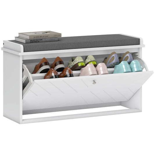 Shoe Storage Bench with Flip Drawer - White