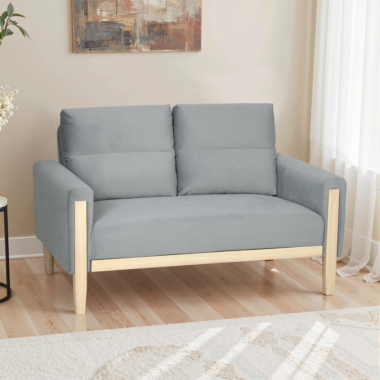 53" Loveseat Sofa, Small 2 Seater Couch with Solid Wood Legs, Modern Velvet Sofa for Living Room, Small Spaces, Grey