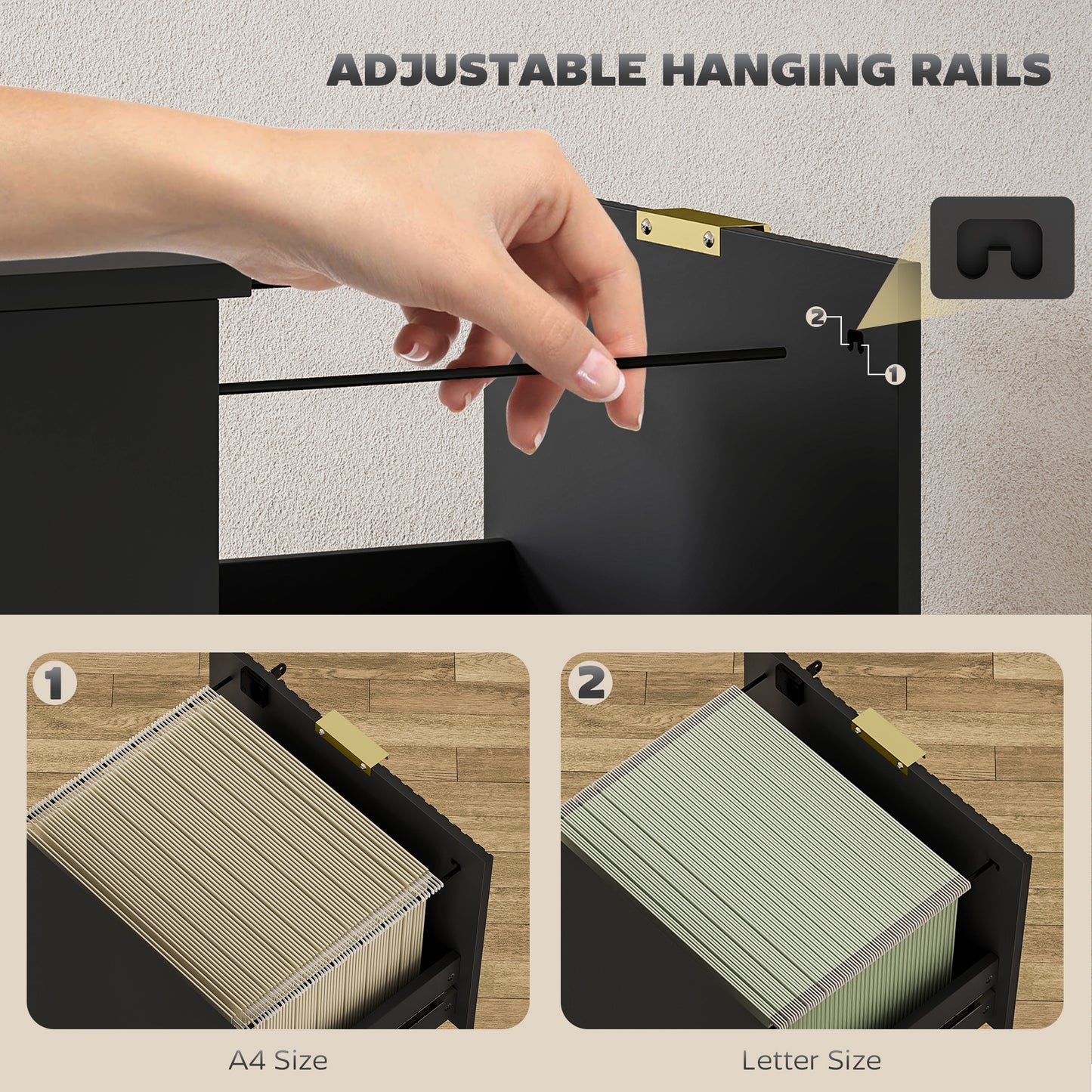 Lockable Filing Cabinet with 2 Fluted Drawers, File Cabinet with Adjustable Hanging Rails for A4 Letter Files, Black