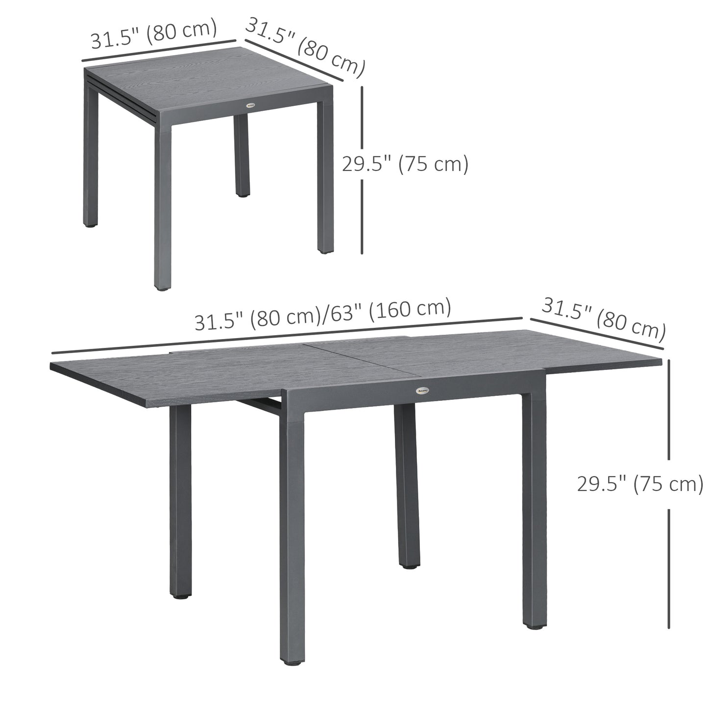 31.5"-63" Extendable Outdoor Dining Table for 4-6 with Aluminium Frame, Steel Tabletop Dark Grey