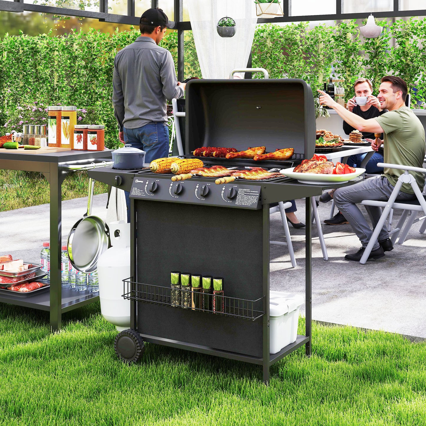 4+1 Burner Propane Gas BBQ Grill, Portable Gas Barbecue Grill with Side Burner, Thermometer, Lid, Side Table, Shelf, Spice Rack, Wheels, Grease Cup for Garden, Black