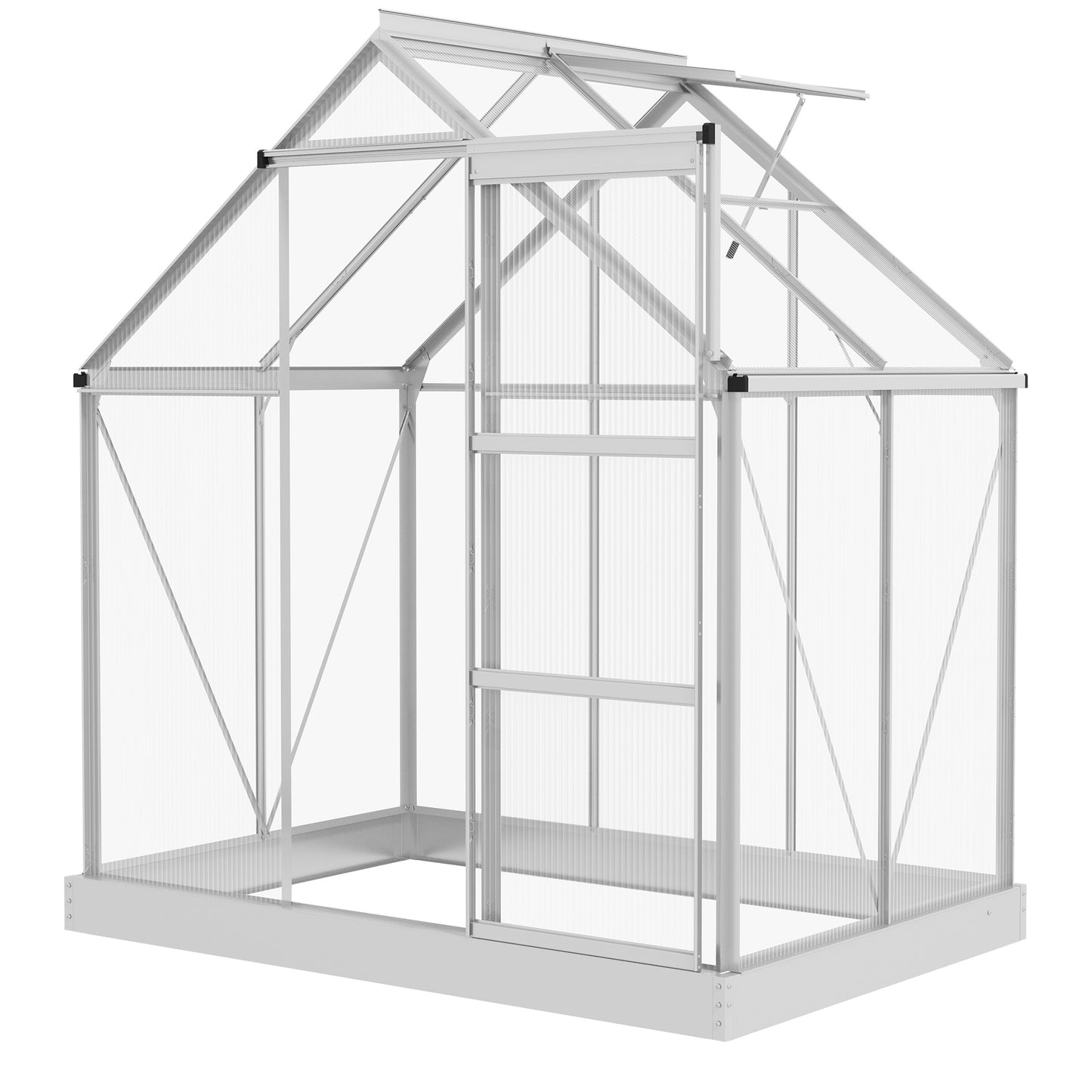 Walk-In Greenhouse, Polycarbonate Greenhouse with Sliding Door, Window, Aluminium Frame, Foundation, Silver