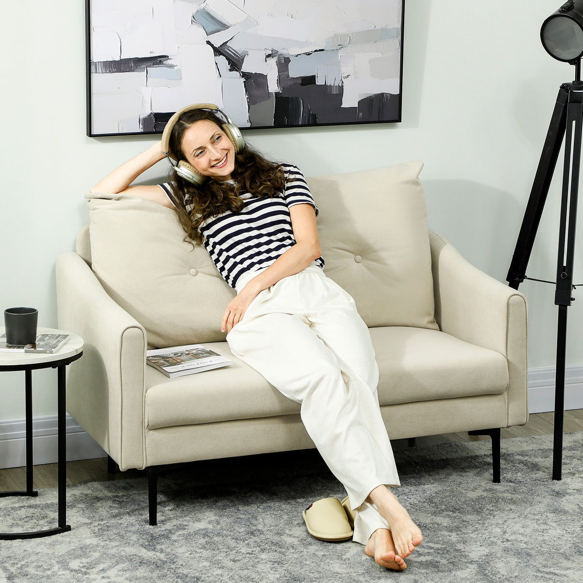 2 Seater Sofa, Small Modern Couch with High-Resilience Foam, Thicken Padding, Button Tufted, Cream White